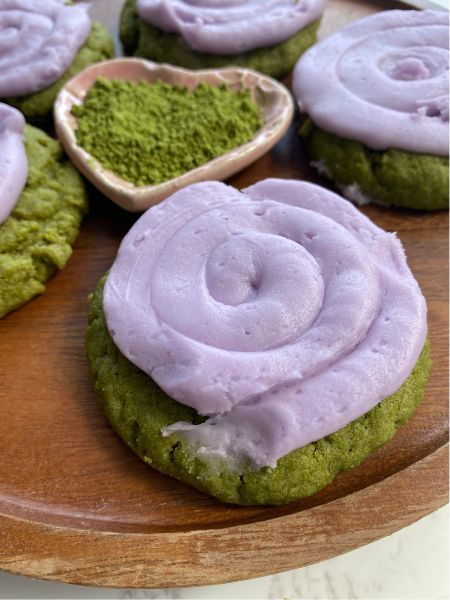 matcha lavender sugar cookies on a wooden plate