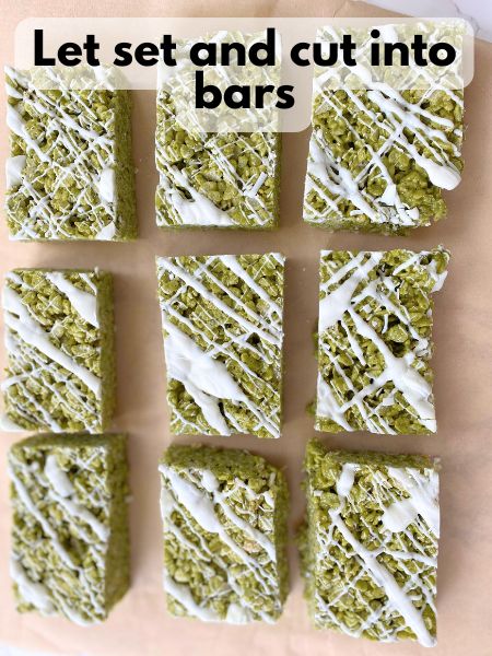 matcha rice krispie treats sliced into bars