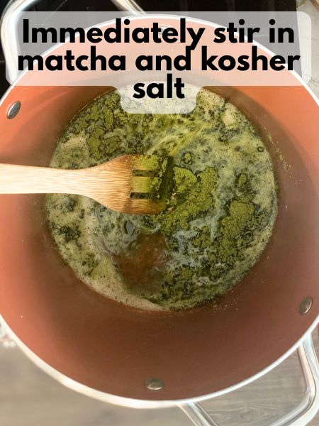 matcha powder stirred into browned butter in a pot