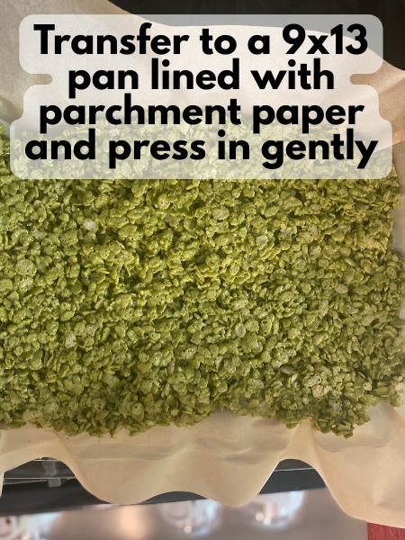 matcha rice krispie treats pressed into a pan