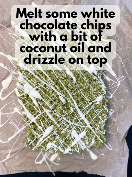 matcha rice krispie treats drizzled in white chocolate