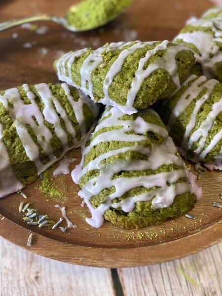 dairy-free matcha scones with lavender glaze