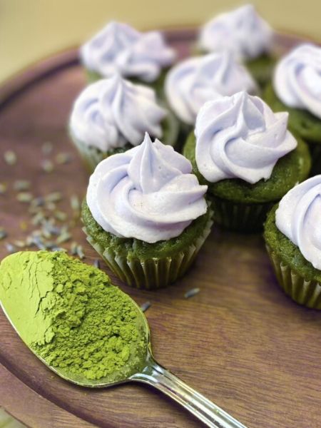 mini matcha cupcakes with lavender frosting