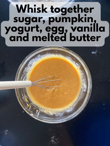 mixed wet ingredients for pumpkin donuts