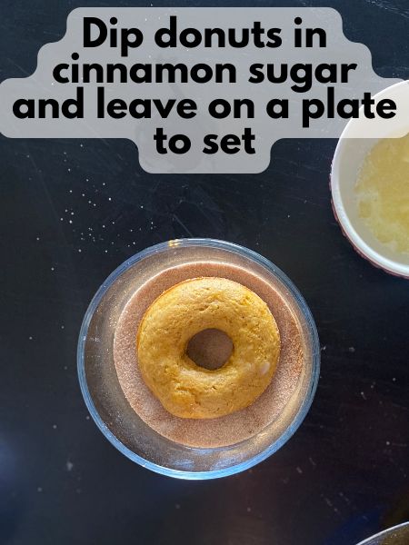 pumpkin donut being dipped in cinnamon sugar
