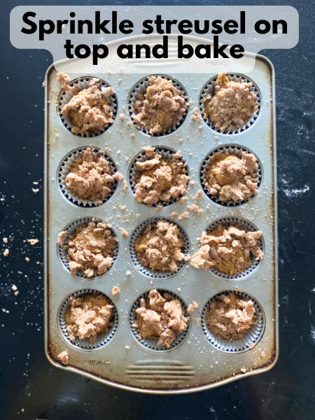 streusel sprinkled on top of muffin batter in muffin tin