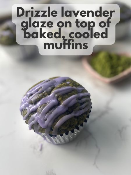 lavender glaze drizzled on top of a vegan matcha muffin