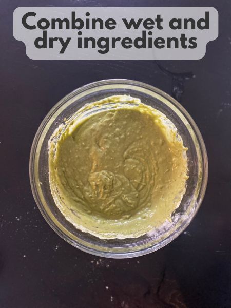 vegan matcha muffin batter in a mixing bowl