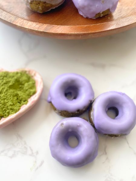 mini vegan matcha donuts with lavender glaze