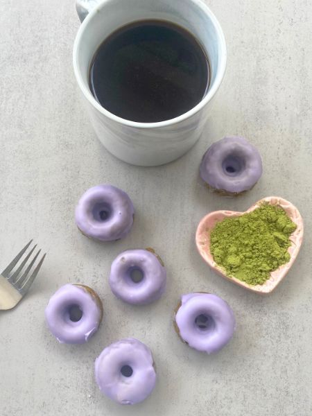 vegan mini matcha donuts with lavender glaze