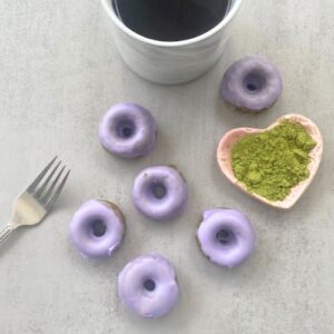 vegan mini matcha donuts with lavender glaze