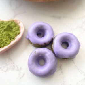 vegan mini matcha donuts with lavender glaze