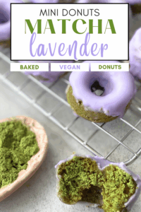 vegan mini matcha donuts with lavender glaze pin