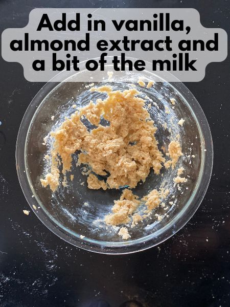 butter and sugars mixed with milk, vanilla and almond extracts