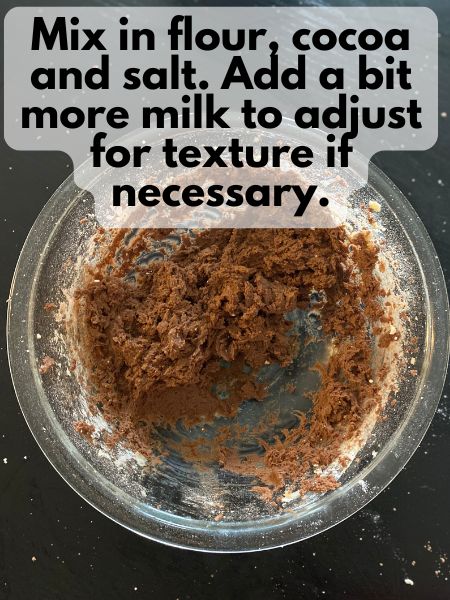 dry ingredients mixed into double chocolate cookie dough