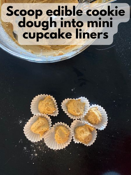 dulce de leche cookie dough scooped into mini cupcake liners