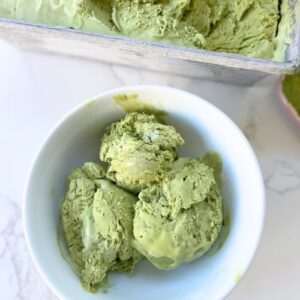 lavender matcha ice cream in a bowl