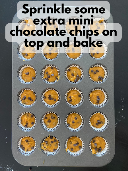 extra chocolate chips sprinkled on top of mini muffins before baking