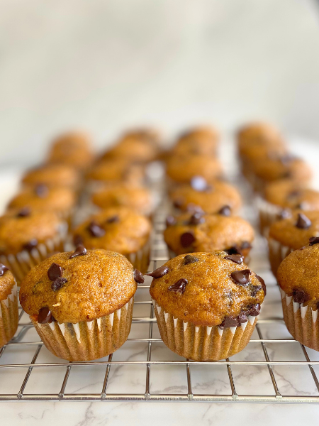 mini pumpkin chocolate chip muffins on cooling rack
