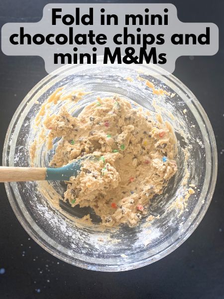 completed monster cookie dough with mini chocolate chips and mini M&Ms