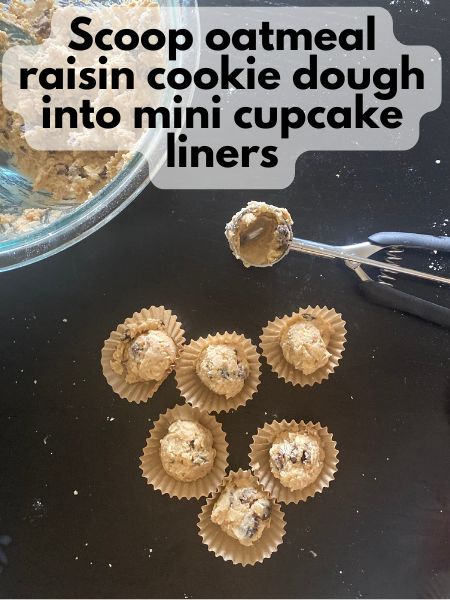 oatmeal raisin cookie dough scooped into mini cupcake liners