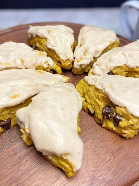 pumpkin chocolate chip scones with brown butter maple glaze