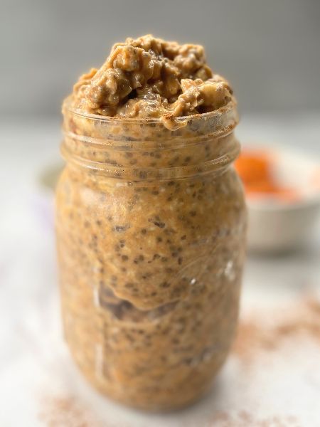 pumpkin overnight oats with cookie butter in a jar