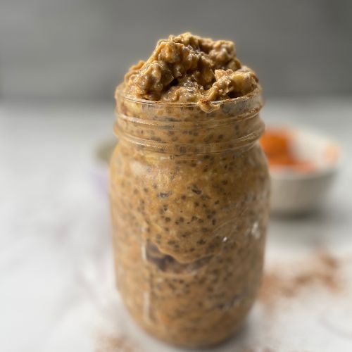 pumpkin overnight oats with cookie butter in a jar