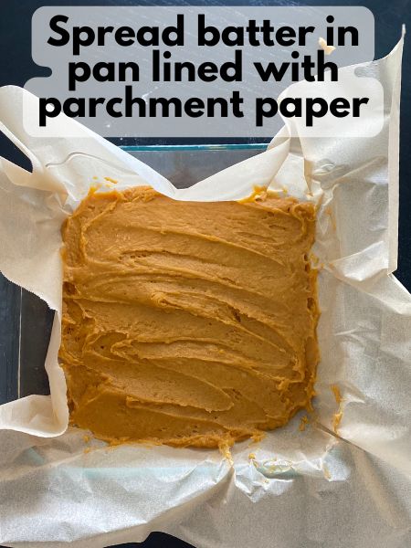 pumpkin snickerdoodle batter spread in a pan lined with parchment paper