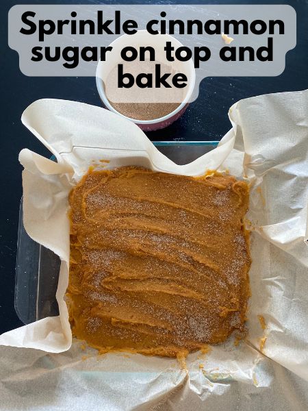 pumpkin snickerdoodle batter with cinnamon sugar sprinkled on top