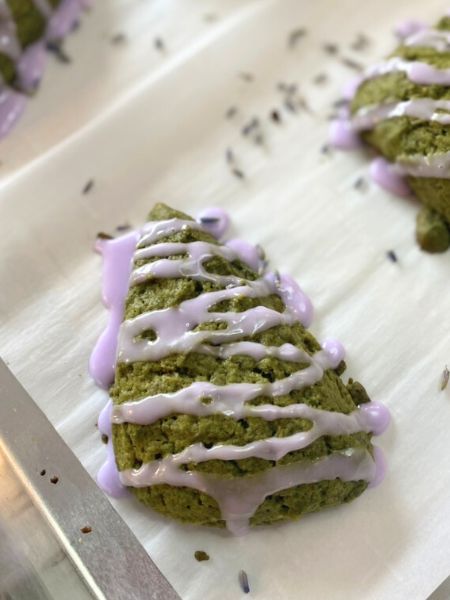 dairy free matcha scones with lavender glaze