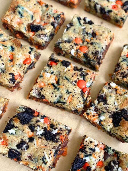 Halloween blondies sliced into bars