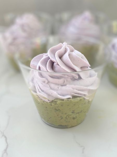 matcha chia pudding with lavender whipped cream