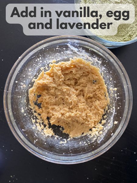 vanilla, egg and lavender mixed in with creamed butter and sugars