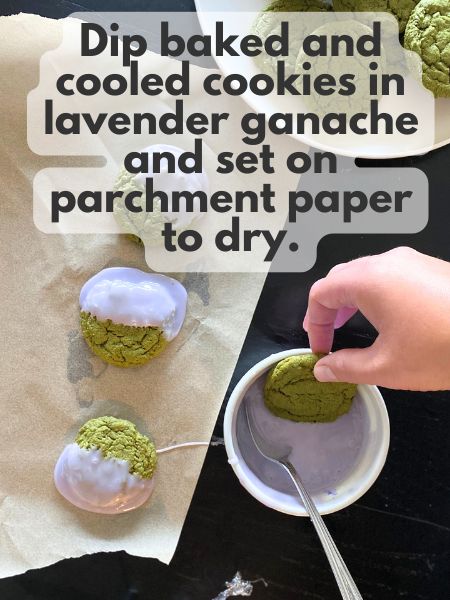 matcha cookies being dipped in lavender ganache