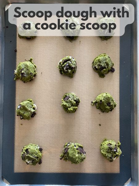 matcha oreo cookie dough on baking sheet