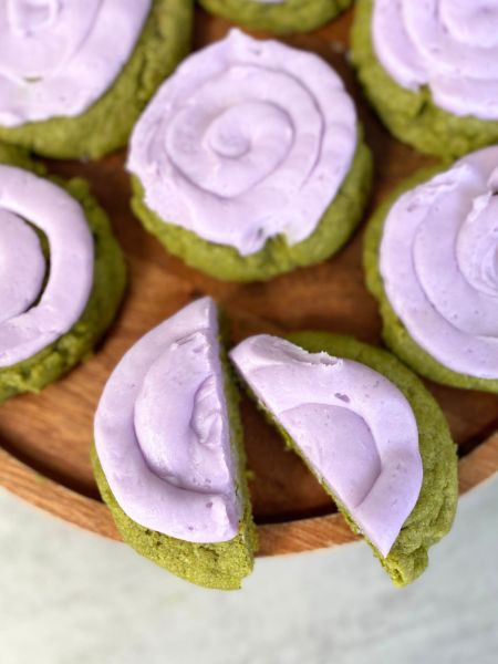 matcha sugar cookies with lavender frosting