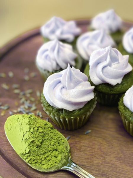 mini matcha cupcakes with lavender frosting