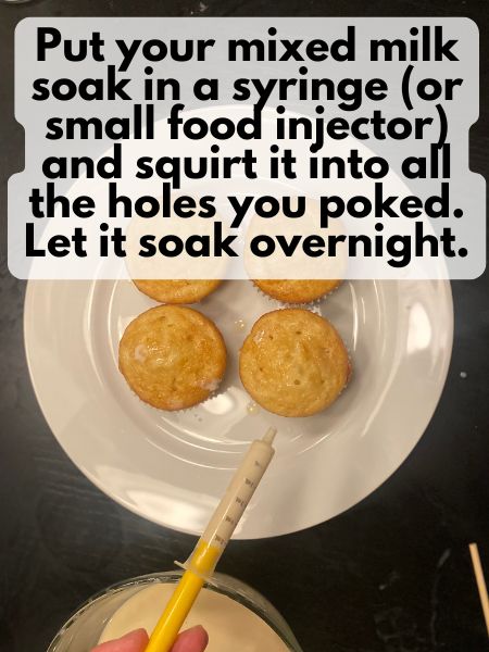syringe squirting milk soak into cupcakes