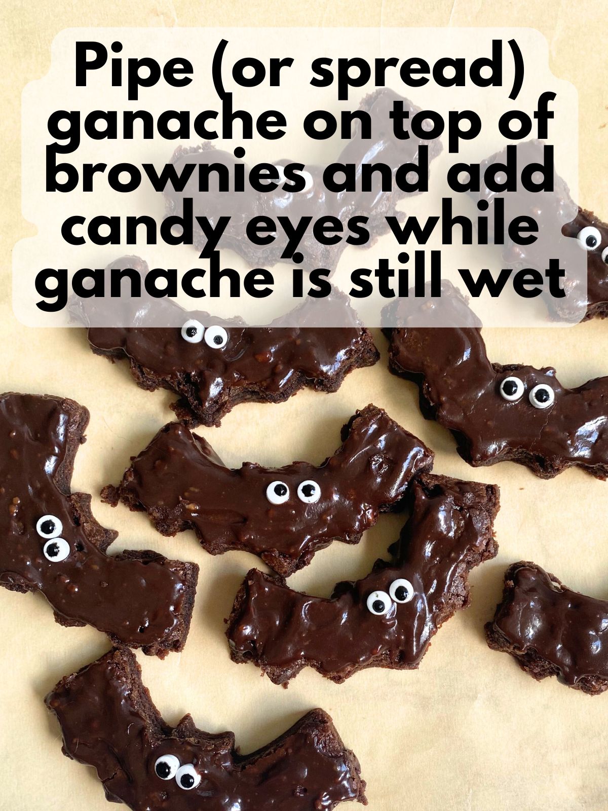 decorated bat brownies with chocolate ganache and eyes