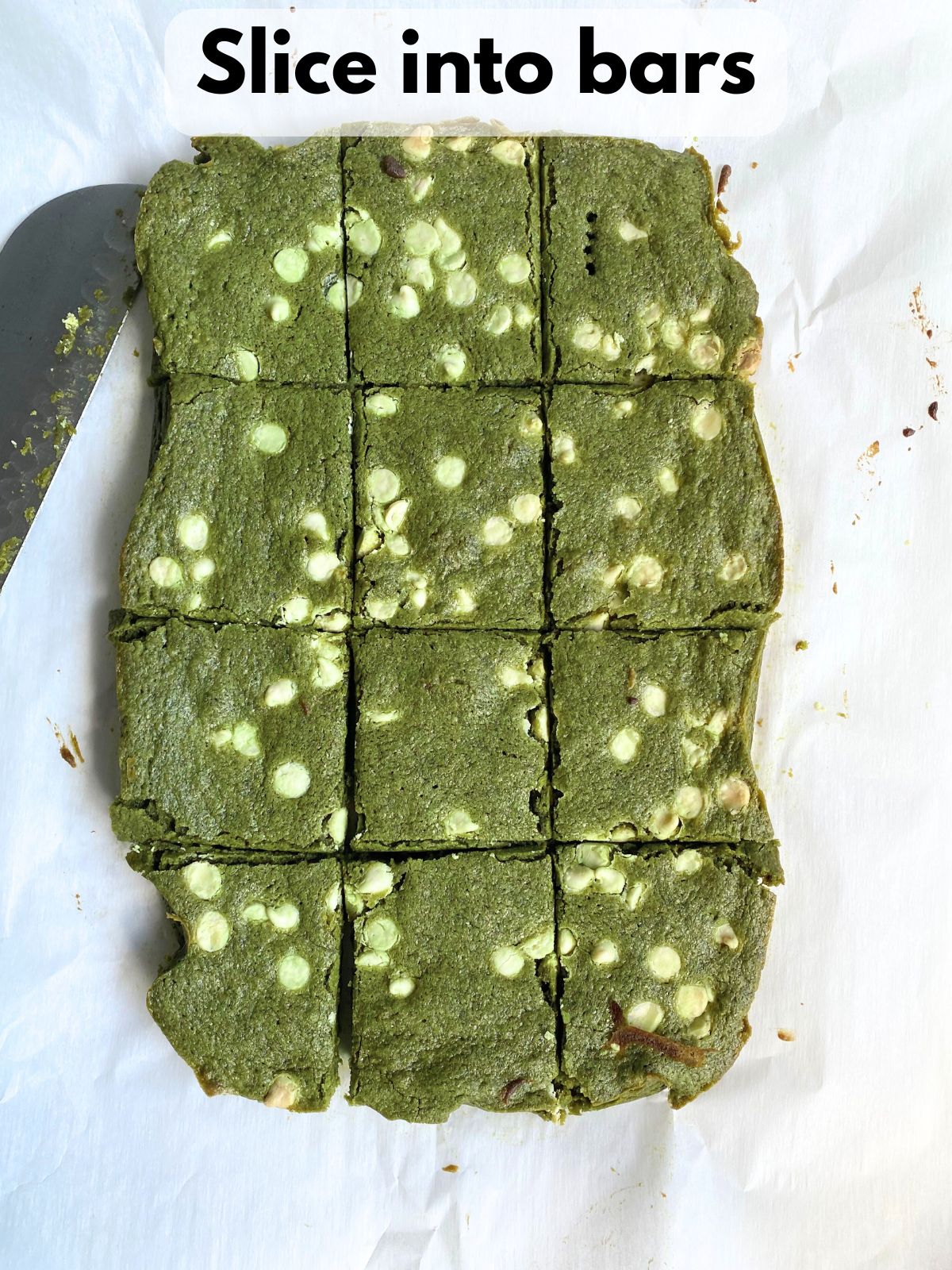 baked matcha blondies sliced into bars