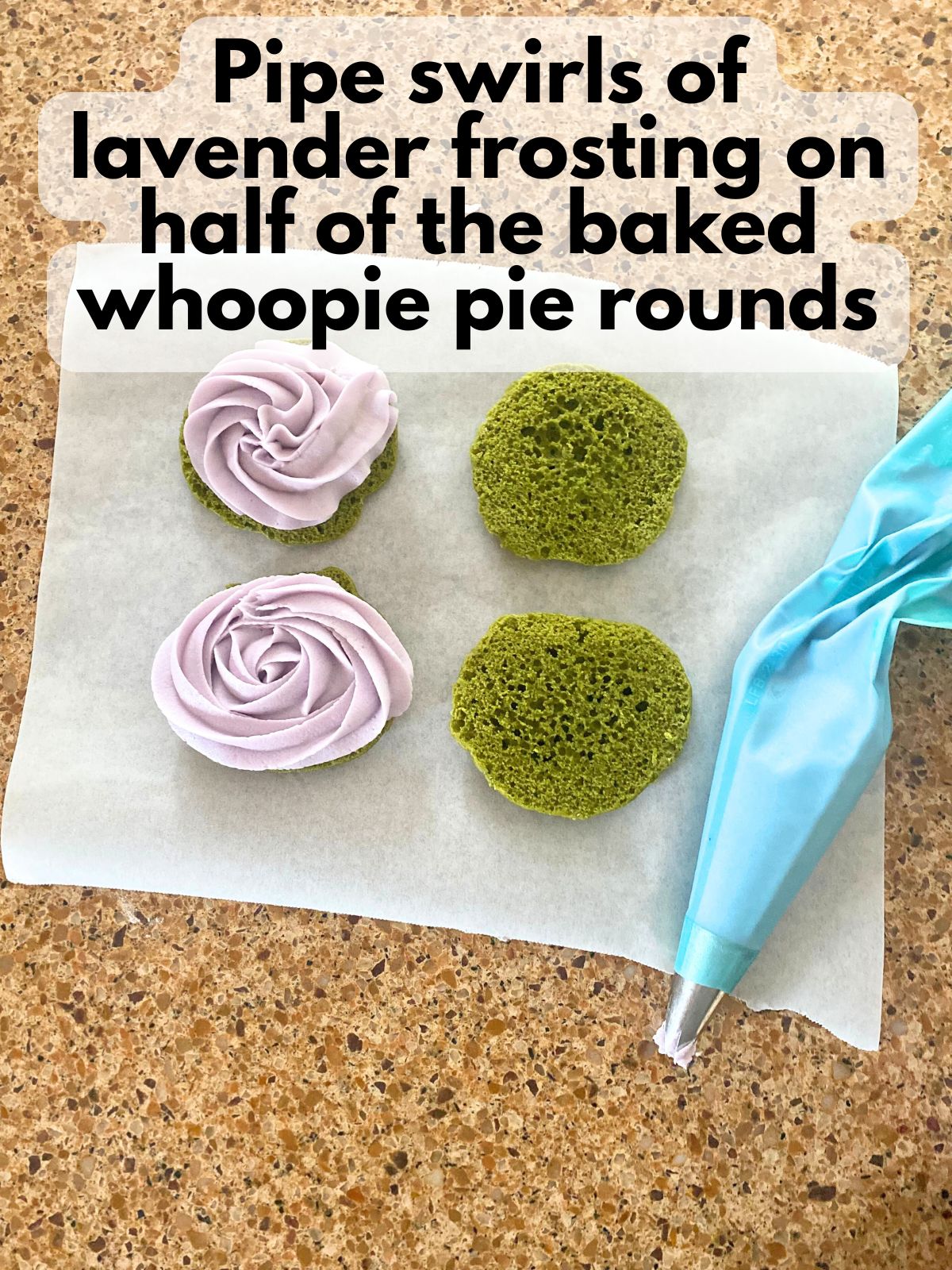 lavender frosting piped onto a matcha whoopie pie round
