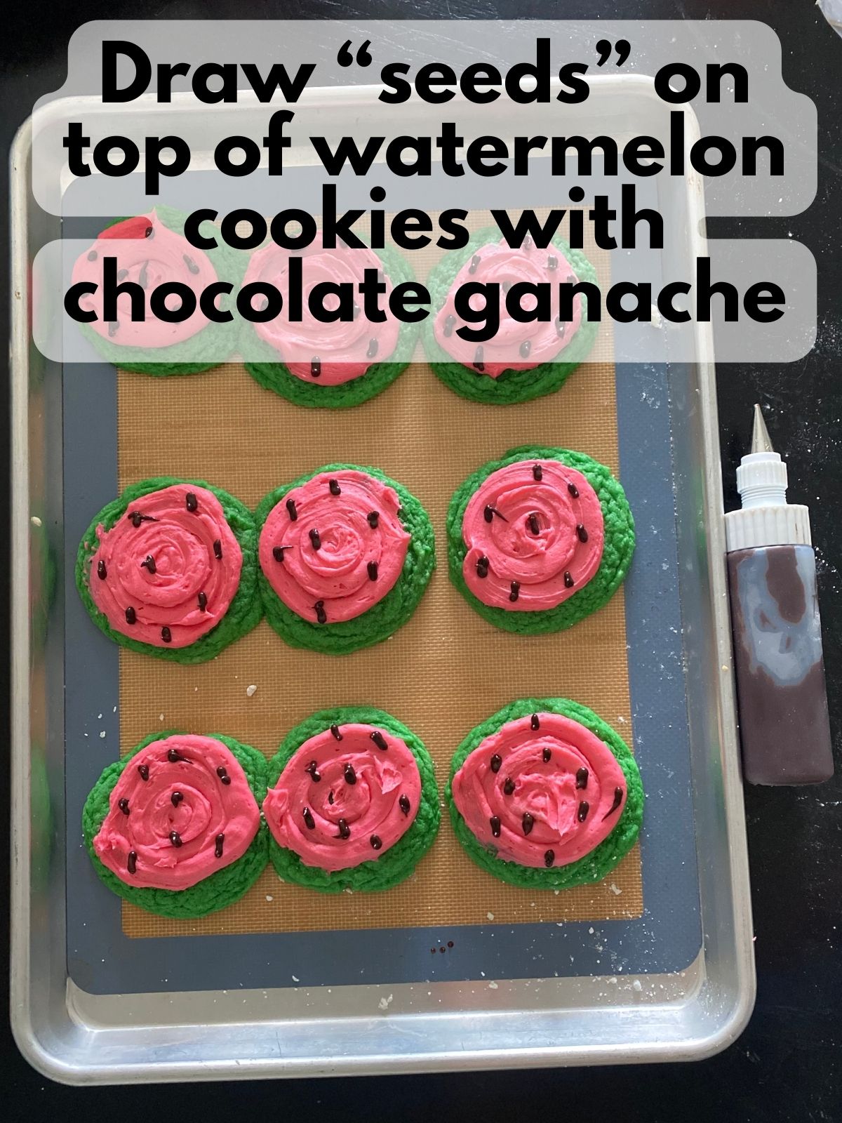 chocolate ganache seeds decorating frosted cookies