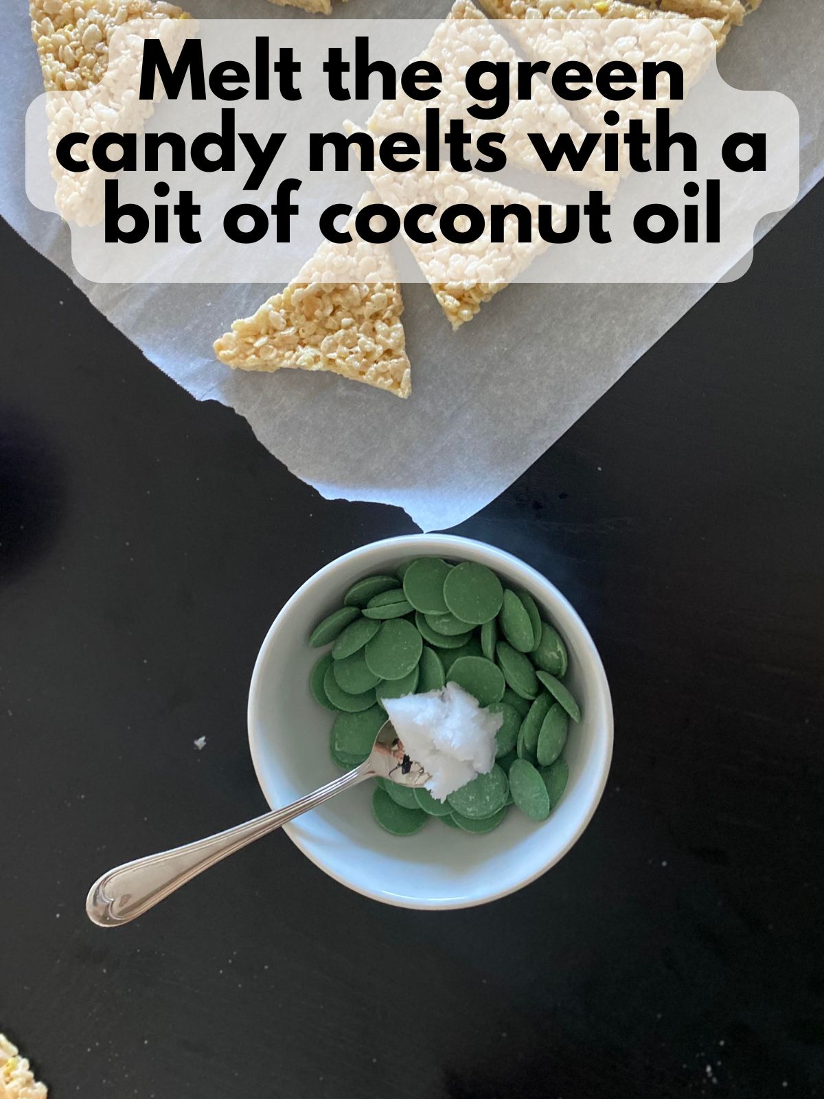 green candy melts with coconut oil in a bowl