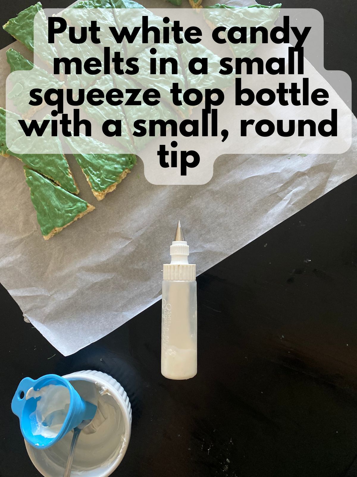 melted white chocolate in a squeeze top bottle