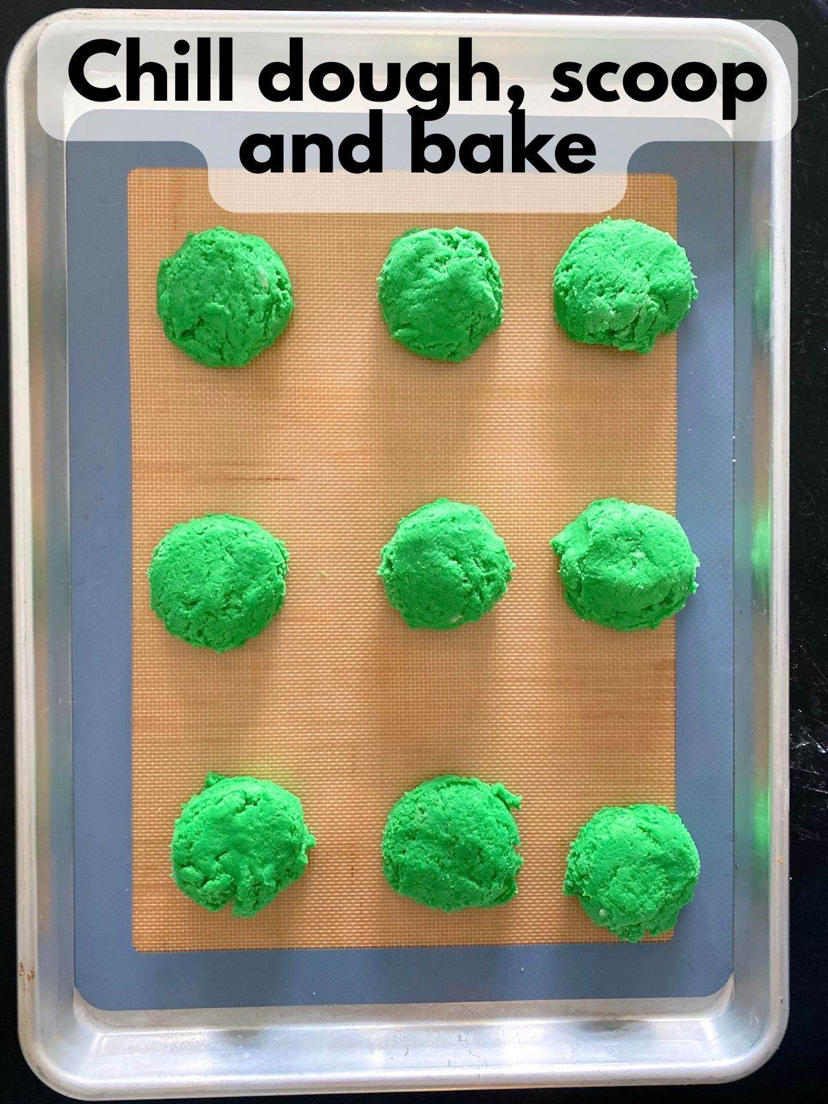 chilled dough scooped onto a baking sheet