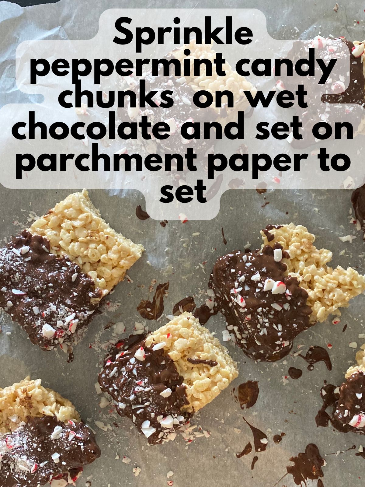 rice krispie treats coated in chocolate and peppermint candies