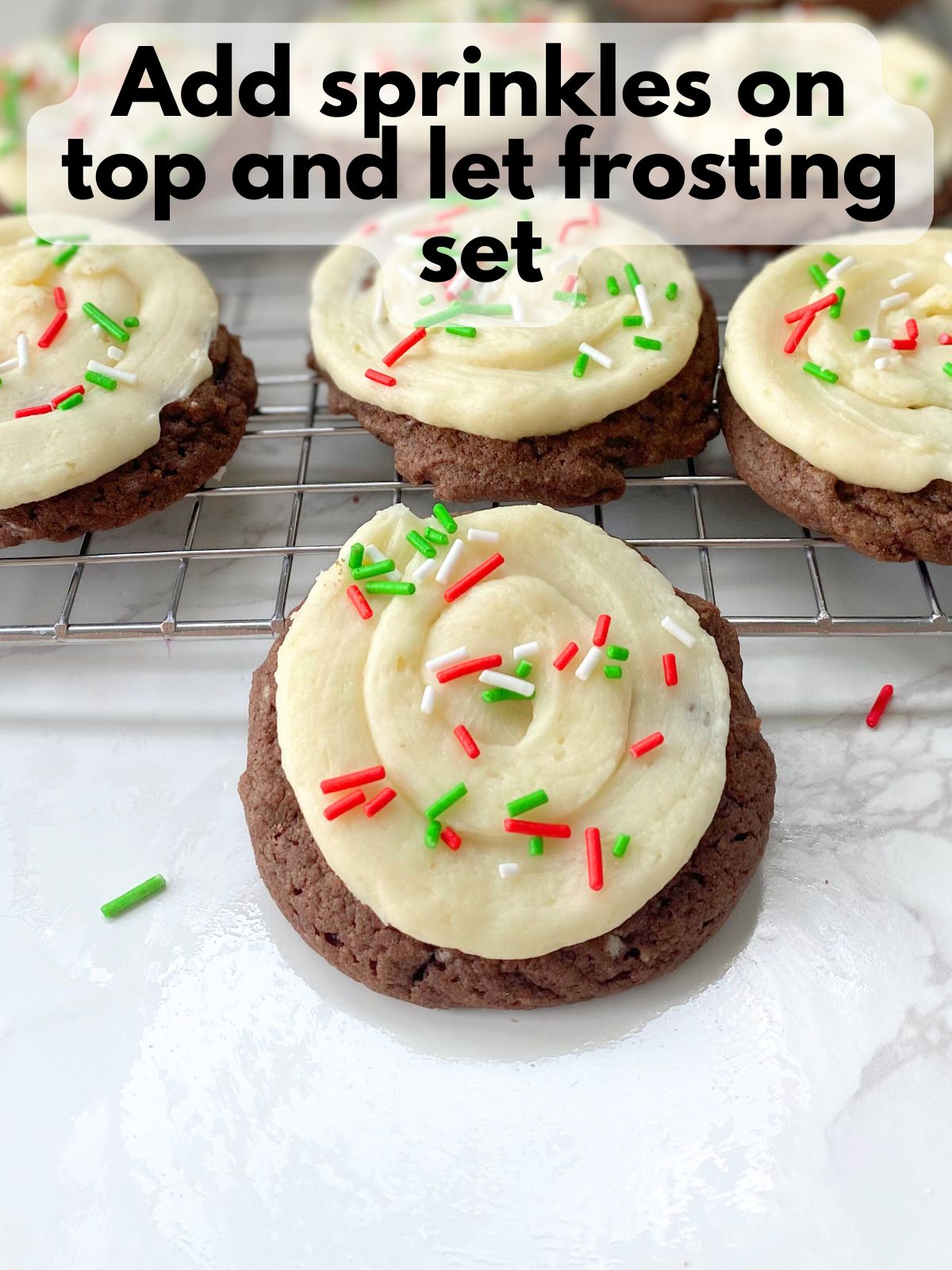chocolate Christmas cake mix cookies decorated with sprinkles