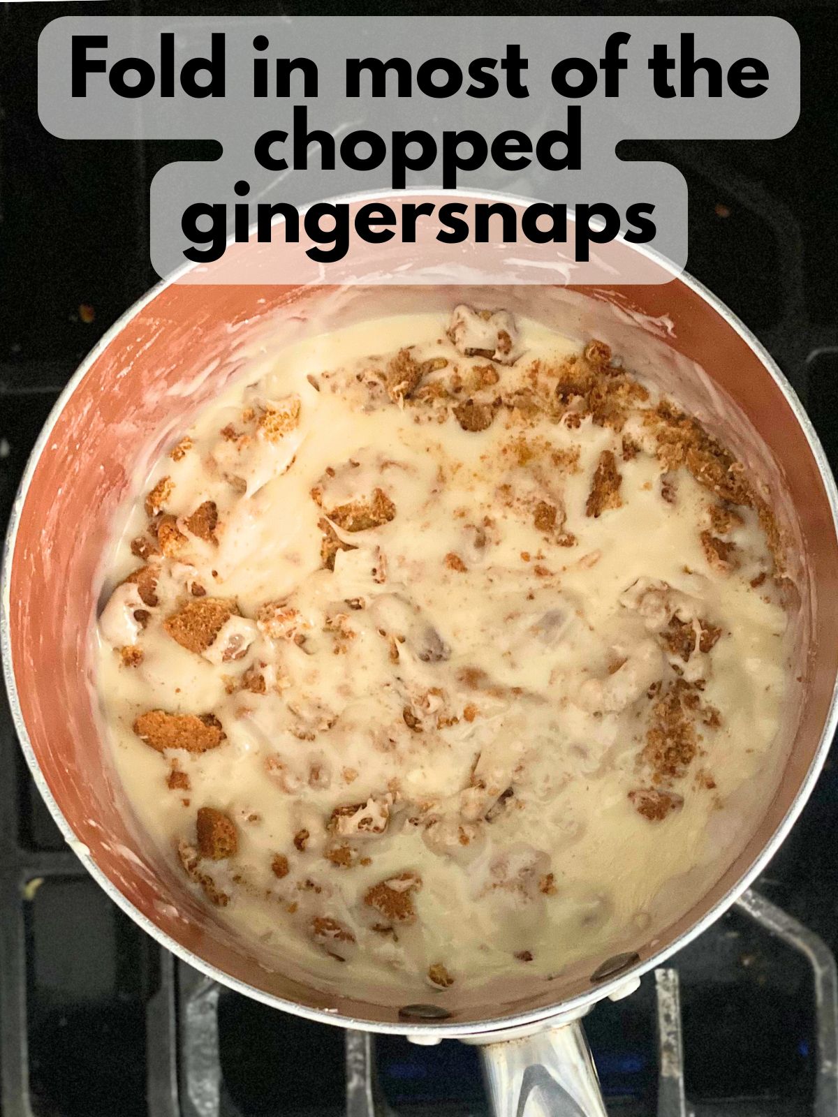 gingersnap fudge in a pot with gingersnaps folded in