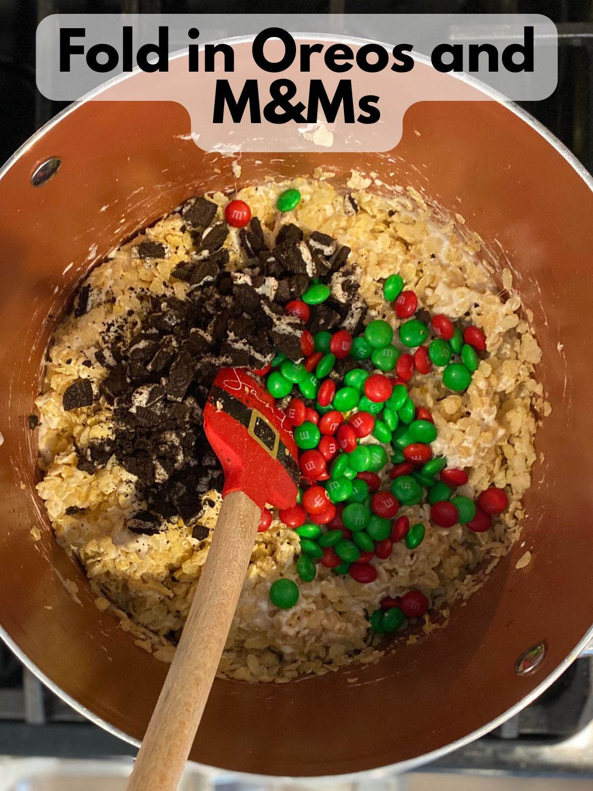 chopped Oreos and red and green M&Ms mixed into rice krispie treats